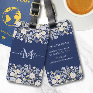 Etiqueta De Bagagem Monograma Floral Azul Elegante de Aquarela