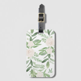 Etiqueta De Bagagem Monograma floral branco e verde elegante