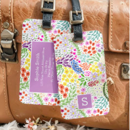 Etiqueta De Bagagem Monograma Floral de Aquarela Fofa em Flor