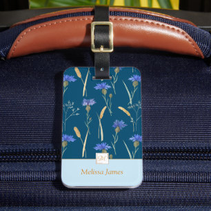 Etiqueta De Bagagem Monograma Floral de Flores Azuis