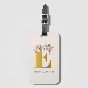 Etiqueta De Bagagem Monograma Floral Efeito Dourado Nome Personalizado