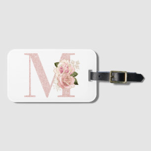 Etiqueta De Bagagem Monograma Floral Girly em Glitter Rosa Dourado Pál