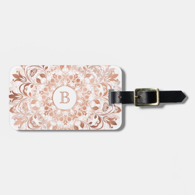 Etiqueta De Bagagem Monograma Floral Mandala Branco Dourado rosa (Frente Horizontal)