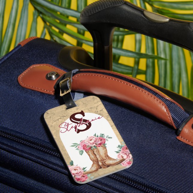 Etiqueta De Bagagem Monograma Floral Rosa Personalizado de Vaqueira (Frente Insitu 1)