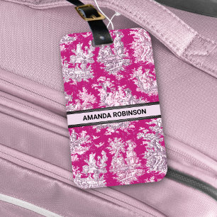 Etiqueta De Bagagem Monograma Floral Toile Magenta Rosa Vintage