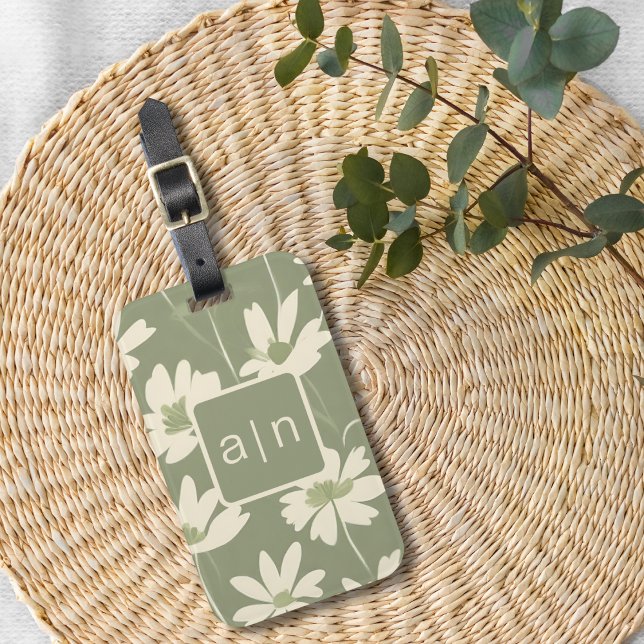 Etiqueta De Bagagem Monograma Floral Verde Moderno (Criador carregado)