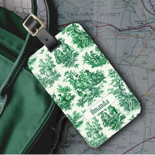 Etiqueta De Bagagem Monograma Floral Verde Toile Jouy Vintage