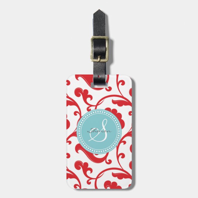 Etiqueta De Bagagem Monograma floral vermelho feminino elegante do (Frente Vertical)