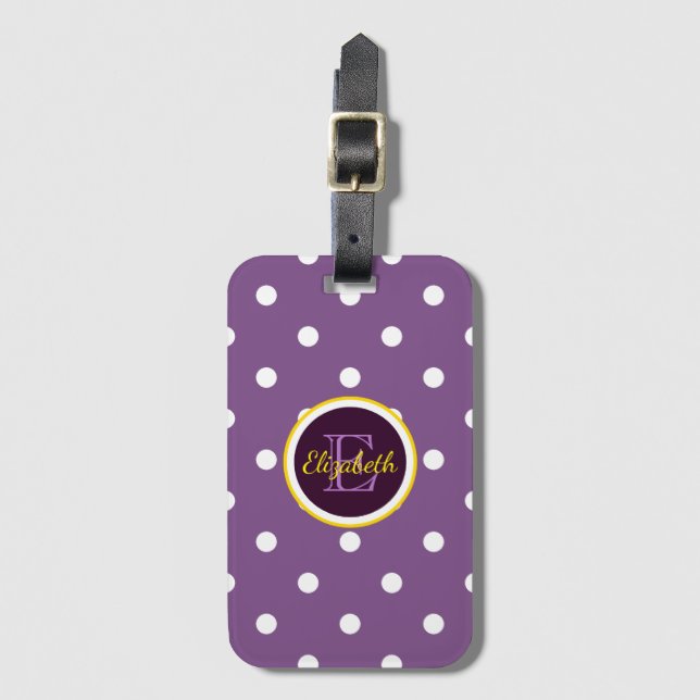 Etiqueta De Bagagem Monograma Fofo Roxo Pontos Polka (Frente Vertical)
