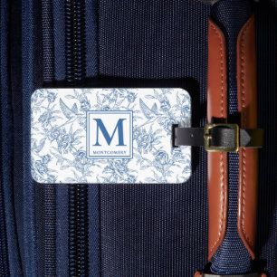 Etiqueta De Bagagem Monograma Francês em Azul Vintage Floral Toile de