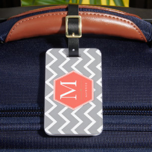 Etiqueta De Bagagem Monograma Hexágono Coral Chevron Cinza Personaliza