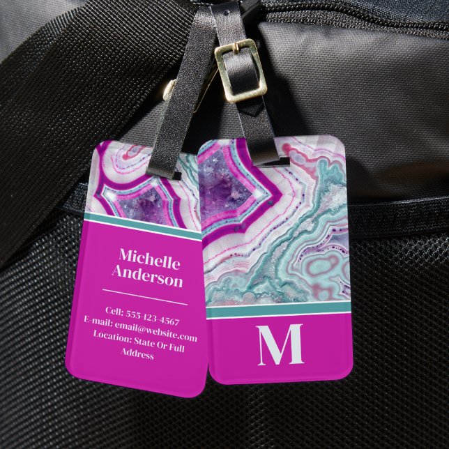 Etiqueta De Bagagem Monograma inicial do Agato Elegante (Elegant Turquoise Magenta Stone Initial Monogram Luggage Tag)