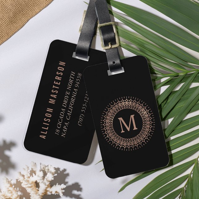 Etiqueta De Bagagem Monograma Inicial Elegante Dourado e Rosa preto (Criador carregado)