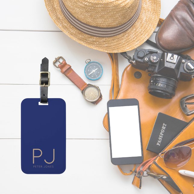 Etiqueta De Bagagem Monograma inicial marinho azul personalizado simpl (Navy Blue initial Monogram Personalized Simple Luggage Tag
)