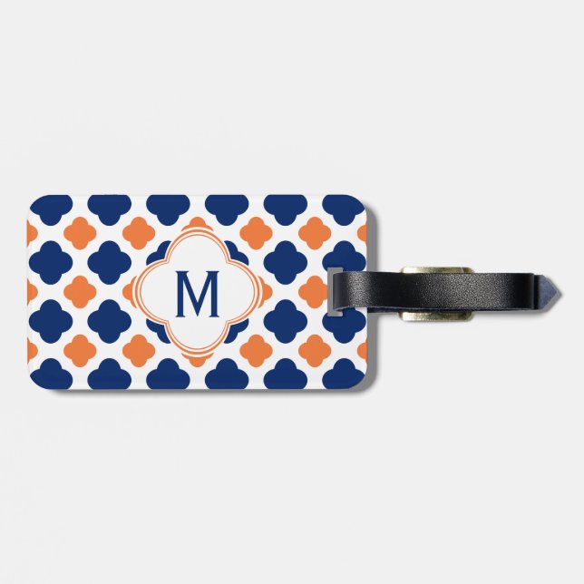 Etiqueta De Bagagem Monograma Laranja e Quatrefoil Azul Real (Traseira Horizontal)