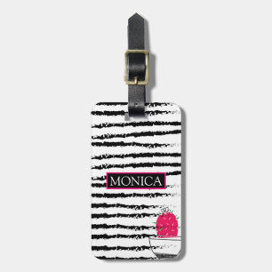 Etiqueta De Bagagem Monograma listrado de Cactus Rosa