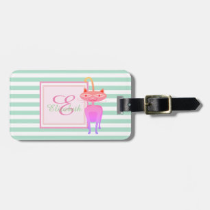 Etiqueta De Bagagem Monograma Listrado Verde Menta, Gato-Personalizado