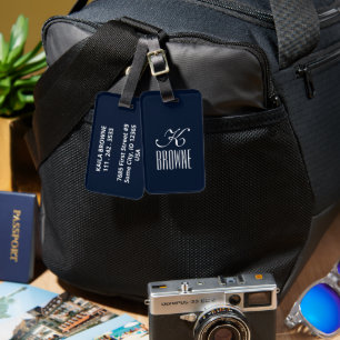 Etiqueta De Bagagem Monograma Marinho azul personalizado