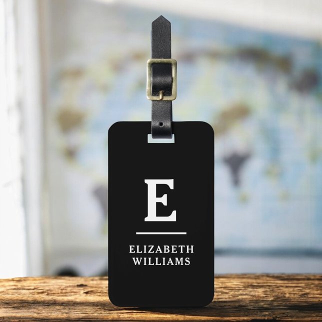 Etiqueta De Bagagem Monograma Mínimo Moderno Branco Preto (Criador carregado)