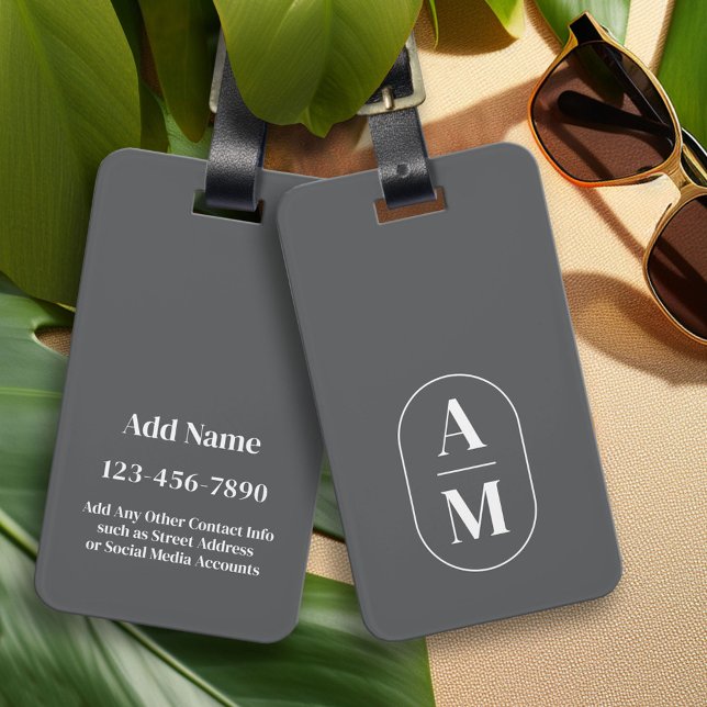 Etiqueta De Bagagem Monograma Mínimo Moderno - Cinza (Custom Luggage Tag - Personalized Bag Tag)
