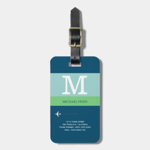 Etiqueta De Bagagem monograma moderno azul do viagem