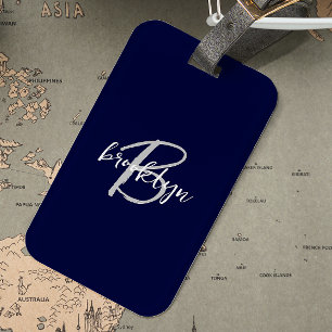 Etiqueta De Bagagem Monograma moderno em azul marinho, cinza e branco
