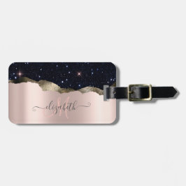 Etiqueta De Bagagem Monograma Moderno em Dourado Rosa com Brilho Preto