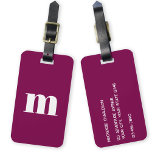 Etiqueta De Bagagem Monograma Moderno Inicial<br><div class="desc">Design inicial do monograma minimalista de tipografia minúscula moderna que pode ser mudado para personalizar,  juntamente com os detalhes no sentido inverso. Branco sobre fundo burguês.</div>