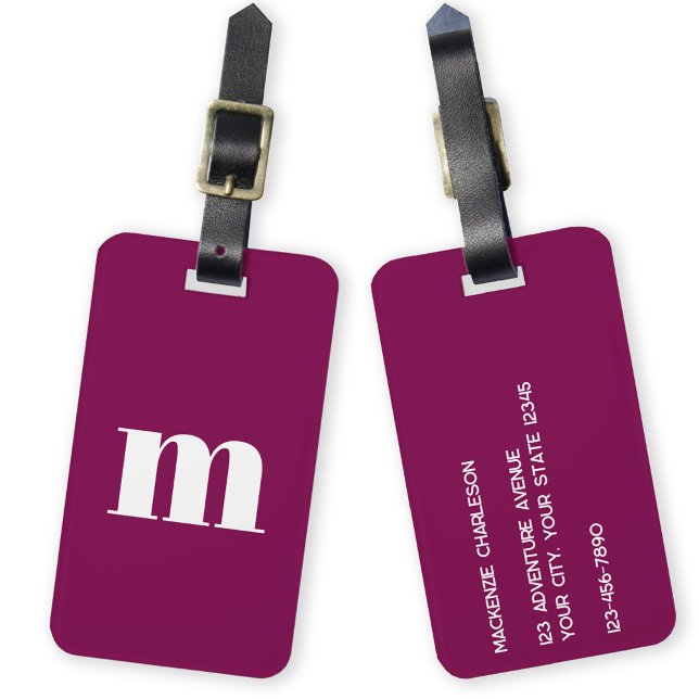 Etiqueta De Bagagem Monograma Moderno Inicial (Simple lower case modern monogram initial personalized luggage tag in dark pink burgundy)