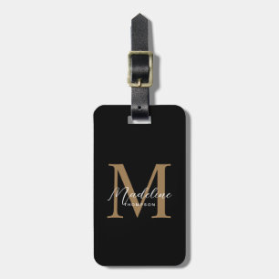 Etiqueta De Bagagem Monograma Moderno Minimalista em Preto e Dourado