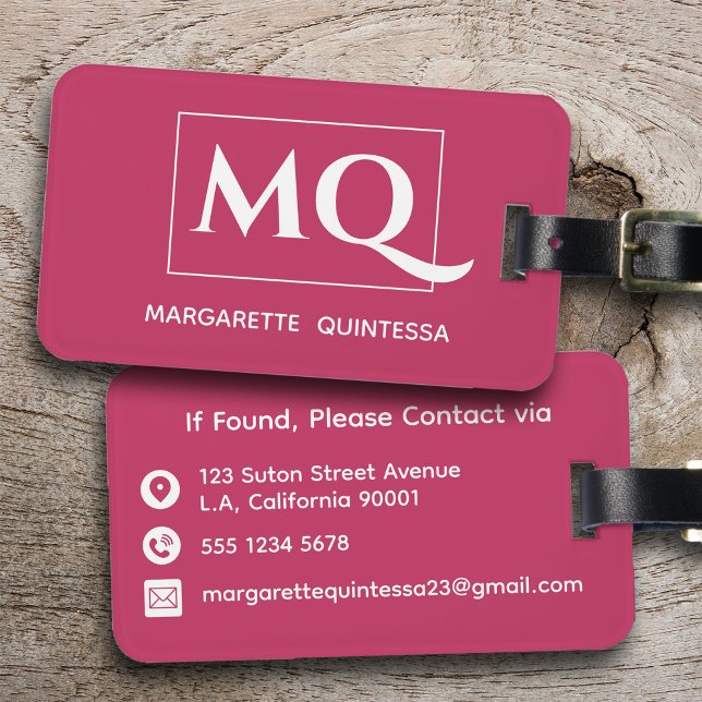 Etiqueta De Bagagem Monograma Moderno Mínimo Rosa Quente (Criador carregado)
