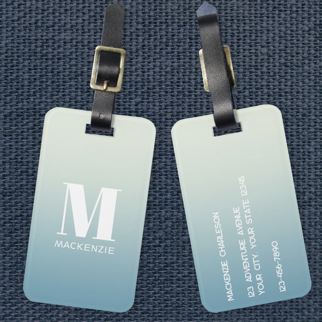 Etiqueta De Bagagem Monograma Moderno Nome Inicial Gradiente Aqua Teal (Simple modern monogram name personalized teal aqua gradient luggage tag)