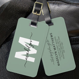 Etiqueta De Bagagem Monograma Moderno Personalizado Verde Sage Nome