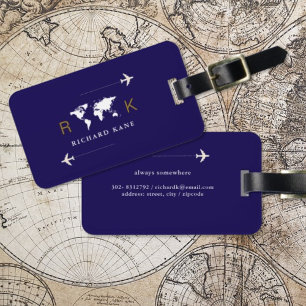 Etiqueta De Bagagem Monograma mundial Viagem internacional azul escuro