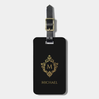 Etiqueta De Bagagem Monograma no Brasão Preto Elegante Faux Dourado Vi