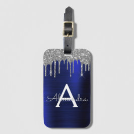 Etiqueta De Bagagem Monograma Nome Brilho Glitter Azul Marinho Prata