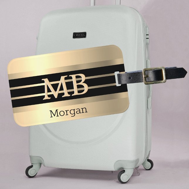 Etiqueta De Bagagem Monograma/Nome Dourado 3D, Stripes Negras/Douradas (Criador carregado)