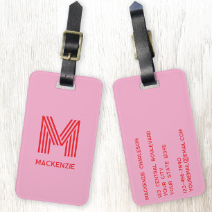 Etiqueta De Bagagem Monograma Nome inicial Rosa Simples e Vermelho