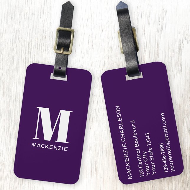 Etiqueta De Bagagem Monograma Nome inicial Simples ameixa Roxo (Modern monogram initial name personalized dark plum purple luggage tag)