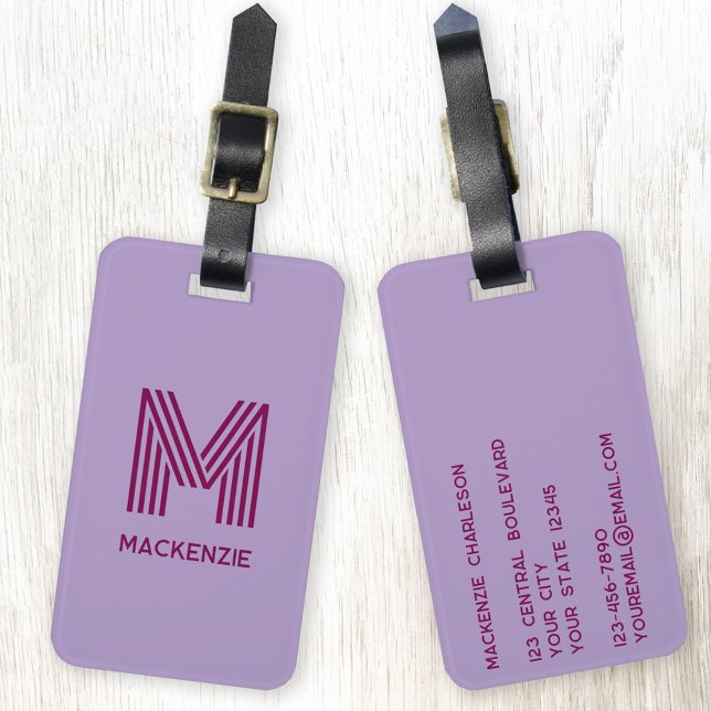 Etiqueta De Bagagem Monograma Nome inicial Simples Lilac Cherry Pink (Modern striped monogram initial custom name personalized luggage tag)
