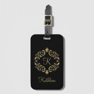Etiqueta De Bagagem Monograma Nome Preto Dourado Lantejoulas Damask Fl