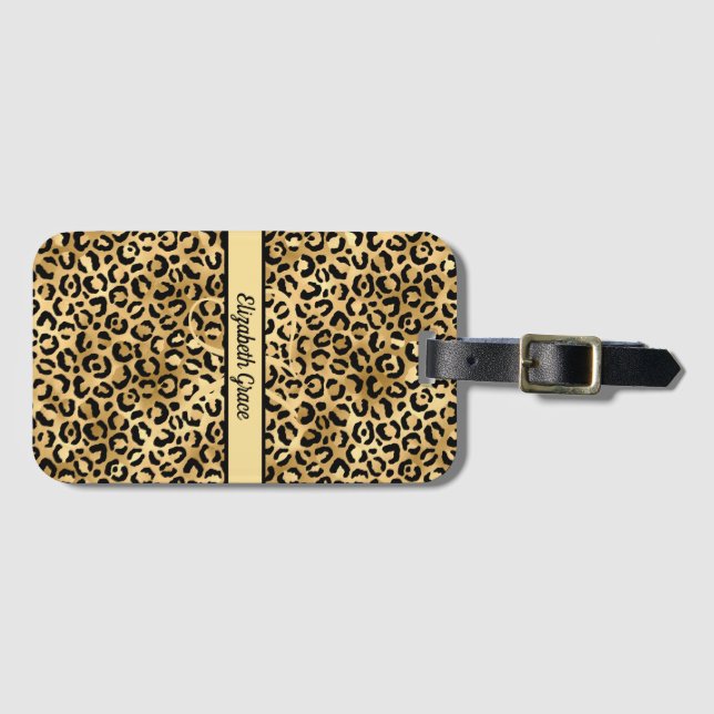 Etiqueta De Bagagem Monograma Nome preto Leopardo-Dourado (Frente Horizontal)