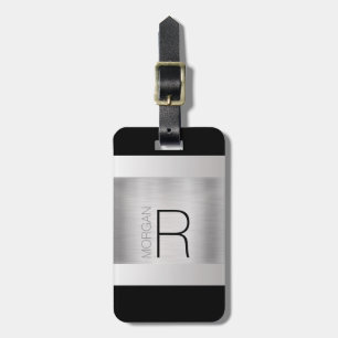 Etiqueta De Bagagem Monograma & Nome, Texto de Cinza Preta, Prata Esma