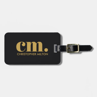 Etiqueta De Bagagem Monograma Ousado Preto Dourado Elegante