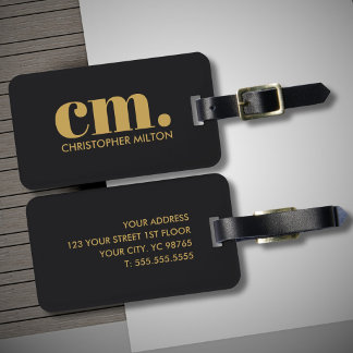 Etiqueta De Bagagem Monograma Ousado Preto Dourado Elegante