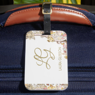 Etiqueta De Bagagem Monograma Paisley Dourado Ruby Luxury Script Elega