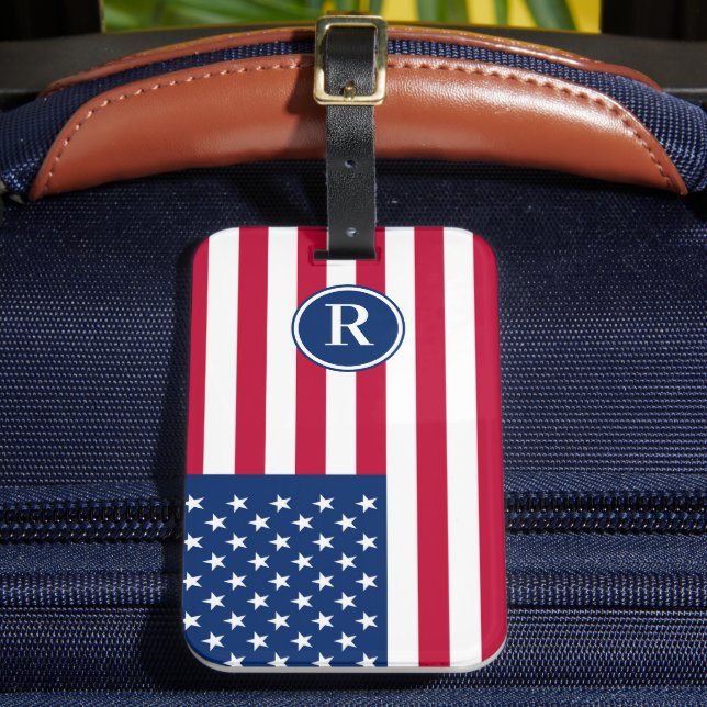 Etiqueta De Bagagem Monograma Personalizado Azul Branco Patriótico Ame (Frente Insitu 2)