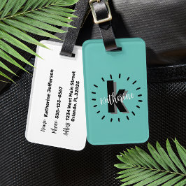 Etiqueta De Bagagem Monograma Personalizado Azul Turquesa