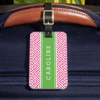 Etiqueta De Bagagem Monograma Personalizado de Chave Grega Rosa e Verd