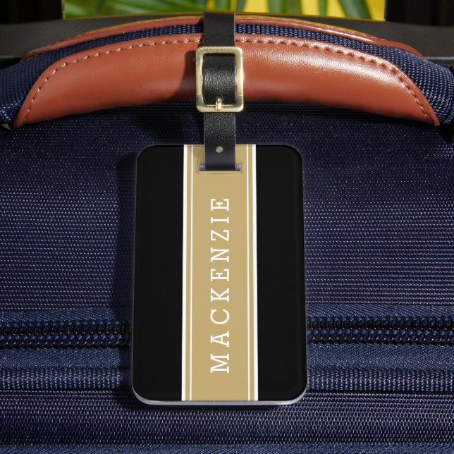 Etiqueta De Bagagem Monograma Personalizado de Faixa de Rugby Dourada  (Frente Insitu 2)